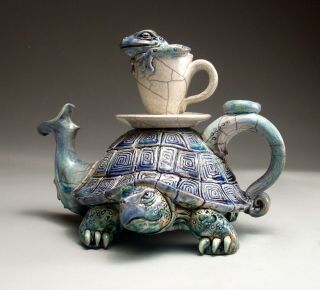 Turtle Frog Teapot folk art pottery sculpture by face jug maker Mitchell Grafton 5