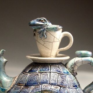 Turtle Frog Teapot folk art pottery sculpture by face jug maker Mitchell Grafton 6