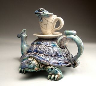 Turtle Frog Teapot folk art pottery sculpture by face jug maker Mitchell Grafton 7