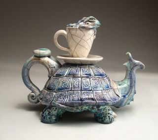 Turtle Frog Teapot folk art pottery sculpture by face jug maker Mitchell Grafton 8