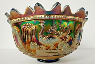 Eapg Northwood Carnival Glass Peacock At The Fountain 11 " Punch Bowl Very Rare