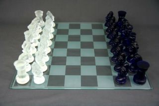 Vintage Bohemian Glass Chess Set Cobalt Blue And Frost Clear