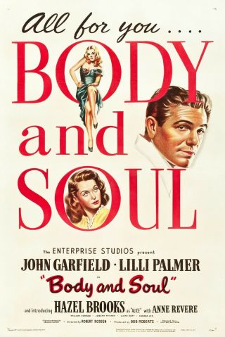 Body And Soul One Sheet Poster Film Noir Restored On Linen Fn/vf John Garfield