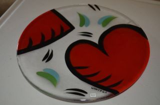 Kosta Boda Hand Painted Ulrica Hydman Vallien Signed Heart 13” Art Glass Plate