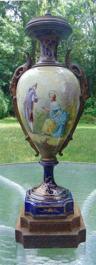 French Sevres Limoges Cobalt Porcelain Bronze Vase Urn Lamp Base Courting Couple