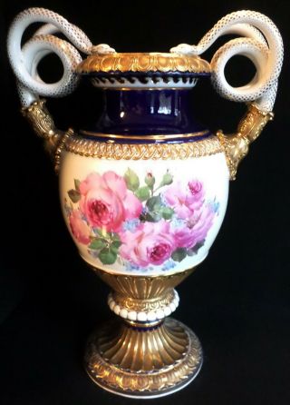 19 " Meissen Neoclassical Snake Handled Porcelain Vase W/ Hand Painted Flowers