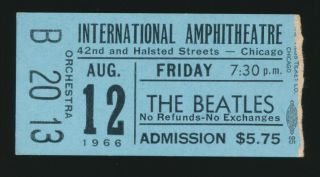 Beatles Rare 1966 Concert Ticket Stub For Their Chicago Amphiteatre Concert