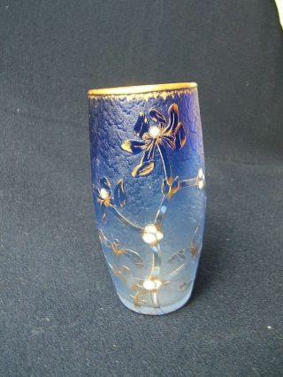 Daum Nancy Cameo Acid Etched Enameled Mistletoe Vase - - Cobalt To Clear