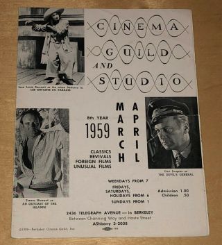 Cinema Guild And Studio March April 1959 Film Schedule Berkeley California