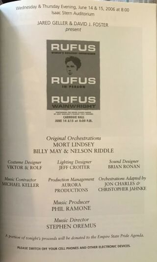 Playbill - Rufus Wainwright - Judy Garland Concert Carnegie Hall - June 14,  2006 2