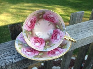Vintage Aynsley Cabbage Rose Teacup And Saucer Bone China Gold Footed Roses 1026