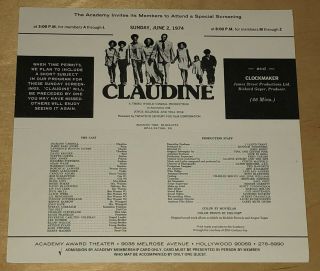 Claudine 1974 Academy Film Screening Invitation Program James Earl Jones Movie