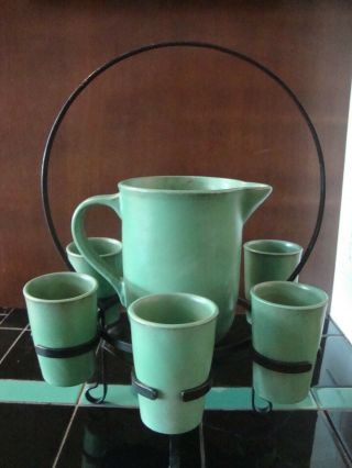 Catalina Island Pottery Drink Set Descanso Green Iron Stand All Ink Marks