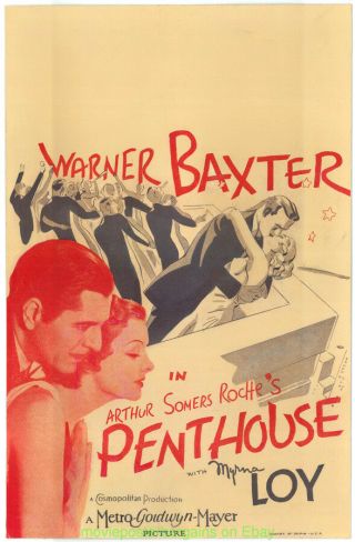 Penthouse Movie Poster 1933 Paperbacked 14x22 In.  Window Card Mryna Loy