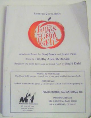 Roald Dahl James And The Giant Peach Broadway Musical Rare Libretto Vocal Book