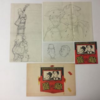 Laurel & Hardy 3 Pencil Sketches & 2 Printers Proofs Of 16 Mm Film Box Ak514