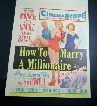 Marilyn Monroe window card poster ' HOW To MARRY A MILLIONAIRE - BACALL 2