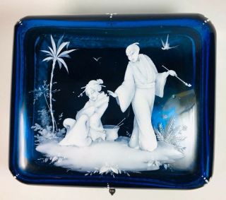 19th C.  Antique Bohemian Blue Glass Mary Gregory Jewelry Casket Box Rare
