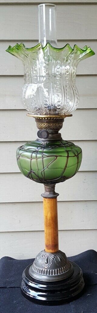 Rare Antique Loetz Matt Green Oil Banquet Lamp W/shade & Threading