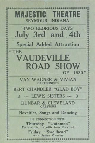 Vintage1930 Vaudeville Road Show Advertisement Majestic Theatre Seymour Indiana