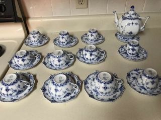 Royal Copenhagen Blue Fluted Full Lace Teapot & Cups & Saucers 6