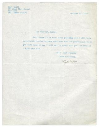 1936 Kurt Weill Signed Letter Pulitzer Prize & Play Johnny Johnson Psa Loa