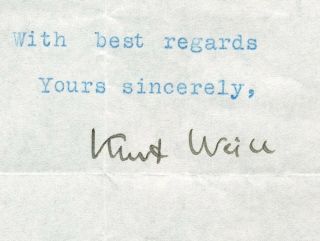1936 Kurt Weill Signed Letter Pulitzer Prize & Play Johnny Johnson PSA LOA 2