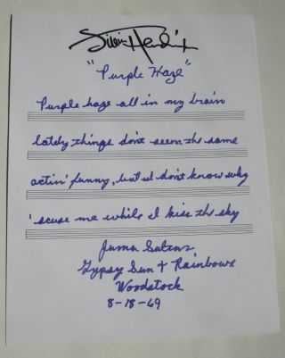 Jimi Hendrix Signed Handwritten Lyrics Purple Haze By 1969 Woodstock Juma Sultan