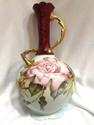 Ktk Lotus Ware Parmian Vase W/hand Painted Floral Decor & Gold Swirled Handles
