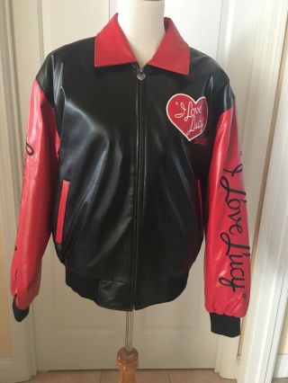 I Love Lucy Authentic Zip Up Leather Bomber Jacket Coat Black Red Embroidery Xl