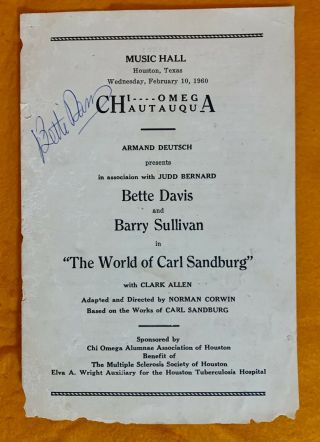 Betty Davis Autograph On “the World Of Carl Sandburg” Playbill