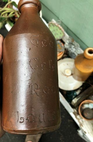 Small Blob Top Stoneware Bottle: GEO.  STANG CELEBRATED ROOT BEER LOUISVILLE,  KY. 3