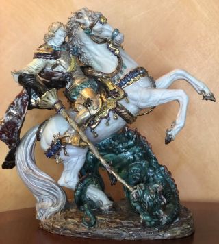 Authentic “st.  George Slaying The Dragon” Italian Sculpture By Prof.  Pattarino