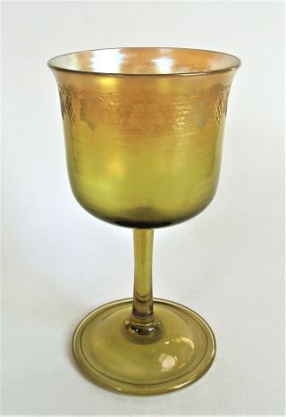 Signed Tiffany Lct Gold Favrile Grape Vine Art Glass Iridescent Wine Stem Goblet