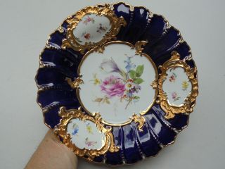 Meissen Porcelain Cobalt Blue Gold Encrusted Charger W Hp Floral Decor 11 5/8 "