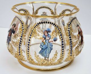19th C Antique Moser Lobmeyr Enameled Glass Centerpiece Bowl Vase W Figures