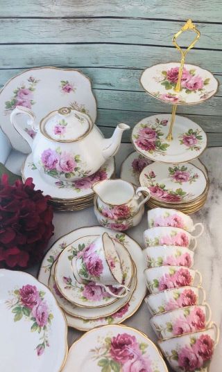 Royal Albert American Beauty Tea Luncheon Set For 8 Complete Cake Stand Teapot,