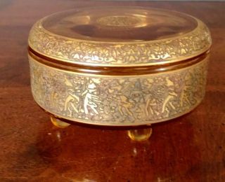 Moser Art Deco Footed Amber Crystal Gold Frieze Classical Scene Covered Box