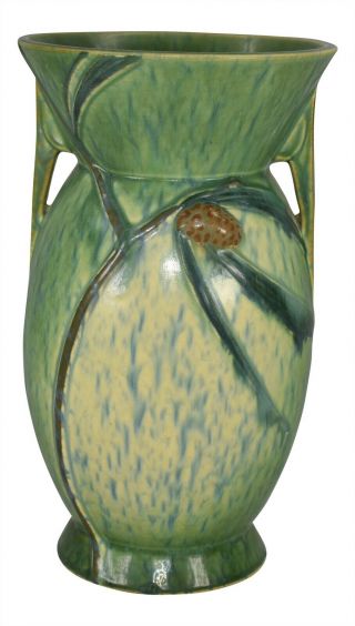 Vintage Roseville Pottery Futura Art Deco Green Pine Cone Vase 433 - 10