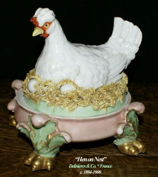 Rare 1895 Delinieres & Co.  D & Co.  Limoges France Porcelain Hen On Nest Figure