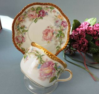 Rare Limoges /haviland Cup & Saucer With Roses & Double Gold