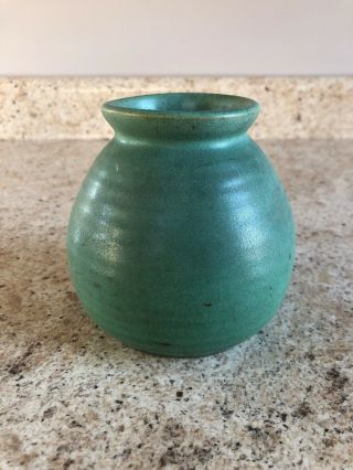 Teco Arts And Crafts Pottery Vase Matte Green Ribbed Double Signed