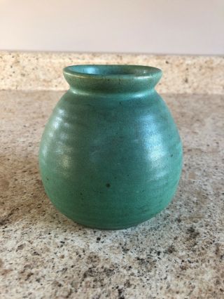 Teco Arts And Crafts Pottery Vase Matte Green Ribbed Double Signed 2