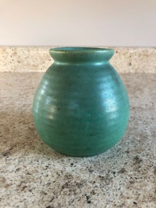 Teco Arts And Crafts Pottery Vase Matte Green Ribbed Double Signed 3