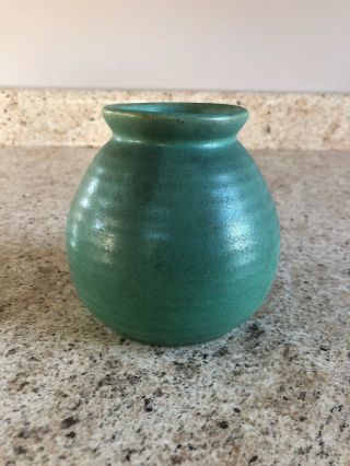 Teco Arts And Crafts Pottery Vase Matte Green Ribbed Double Signed 4