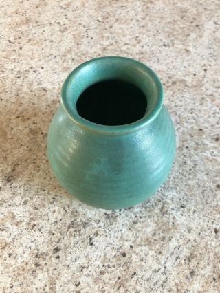 Teco Arts And Crafts Pottery Vase Matte Green Ribbed Double Signed 8