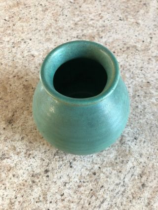 Teco Arts And Crafts Pottery Vase Matte Green Ribbed Double Signed 9