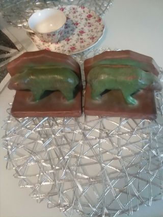 Van Briggle Art Pottery Bear Set.  Bookends In Green.  Stamped