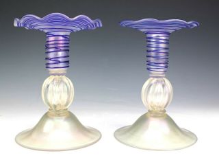 Rare Pair Frederick Carder Signed Steuben Iridescent Art Glass Candlesticks Lma