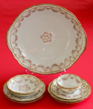 Haviland Limoges Tray Plates Bowls Cup & Saucer Pink Rose Swags Ribbons Gold